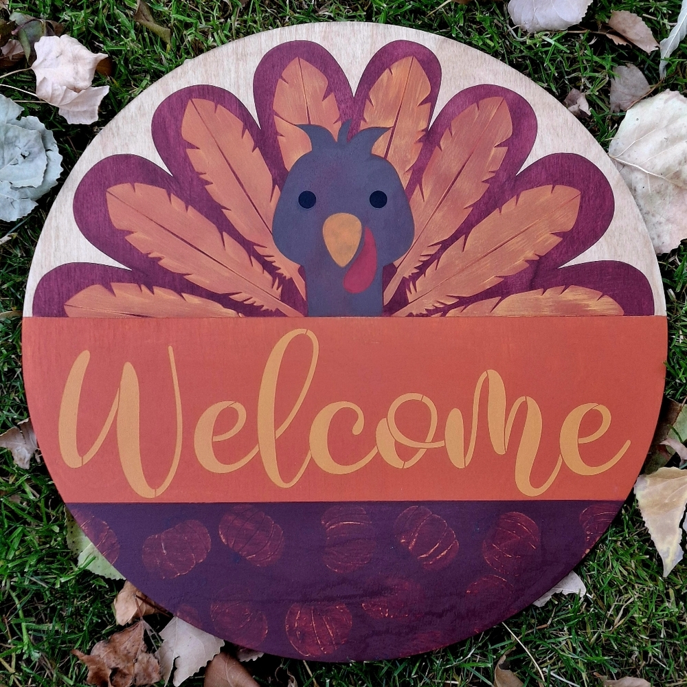 Thanksgiving Turkey Welcome Door Hanger Wreath Painted Wall Hanging Porch Sign